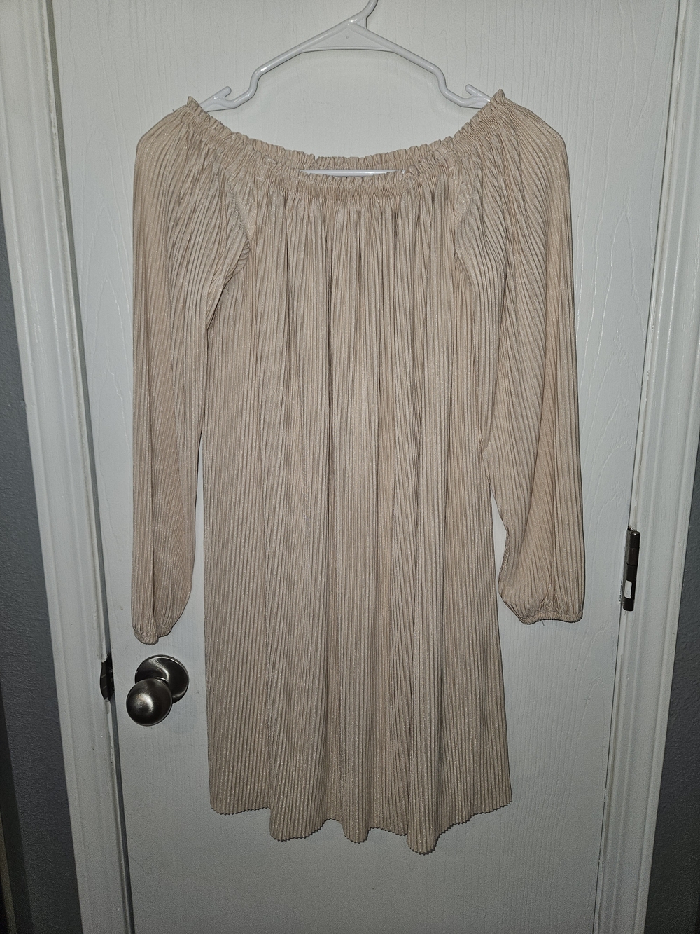 Neutral Pleated Off-Shoulder Mini Dress - Peach